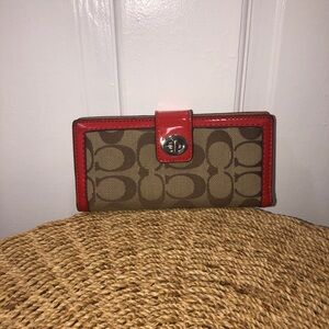 Coach Signature Canvas Wallet with Red Trim